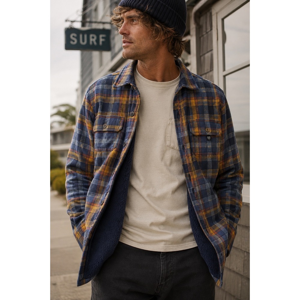 Vissla Plaid Fleece Lined Flannel Shirt Jacket‎ Cotton Bonded Workwear Blue M